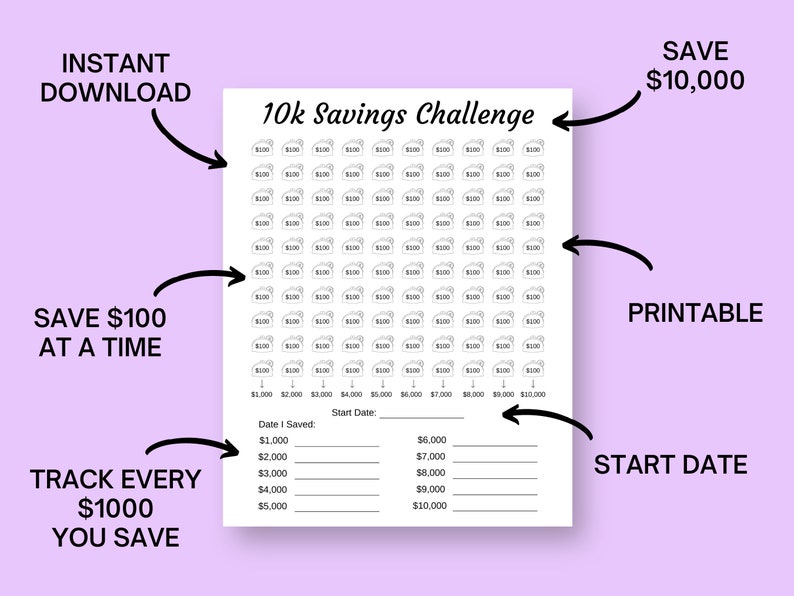10k Savings Challenge Printable Money Savings Tracker Saving - Etsy