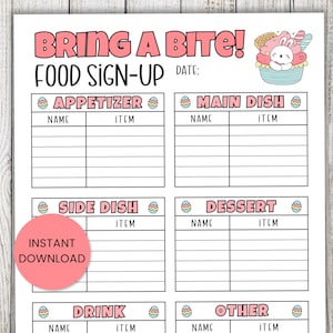 Könnte beinhalten: Ein druckbares Essensanmeldeformular mit dem Text "BRING A BITE! FOOD SIGN-UP" in Rosa. Das Formular enthält Abschnitte für Vorspeisen, Hauptgerichte, Beilagen, Desserts, Getränke und andere Artikel. Ein rosa Kreis liest "INSTANT DOWNLOAD".