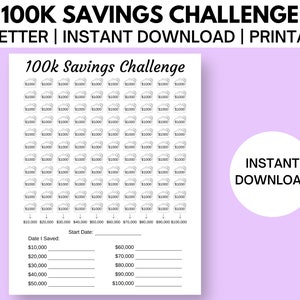 100k Savings Challenge Printable PDF, 100 000 Money Savings Tracker Log, Instant Download