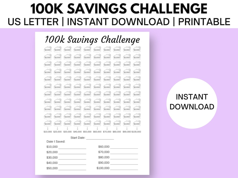 100k Savings Challenge Printable PDF, 100 000 Money Savings Tracker Log