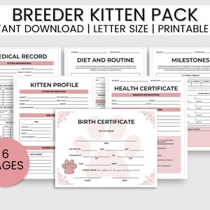 Formularios de criador de gatos, paquete de gatitos criadores, registros de criadores de gatos, registro de gatos imprimible, vacunación de gatos, certificado de gato, planificador de gatos, cuidado de gatos