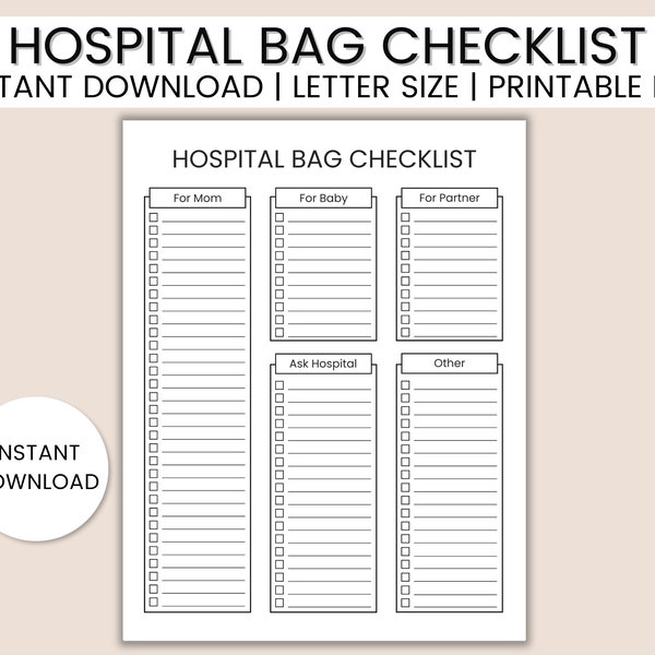 Hospital Bag Checklist, Baby Hospital Bag, Hospital Bag Mom, Printable Checklist, Diaper Bag Checklist, Dad Hospital Bag, Blank Checklist