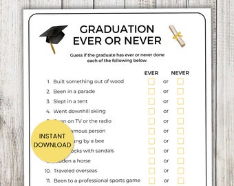 May include: A printable graduation game called "Ever or Never" with a black graduation cap and a gold diploma on a white background. The game asks players to guess if the graduate has ever or never done each of the following activities: built something out of wood, been in a parade, slept in a tent, went downhill skiing, been on TV or the radio, met a famous person, been stung by a bee, worn socks with sandals, ridden a horse, traveled overseas, and been to a professional sports game.