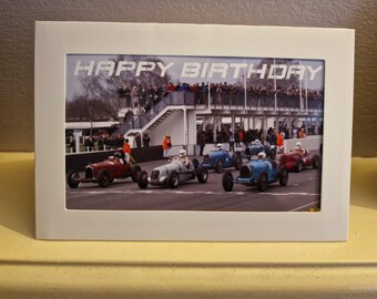Happy Birthday card, Goodwood Vintage Racing Circuit, 6x4 , Members meeting, Gift for Husband, Gift for Men, Race, Motorsport, Vintage Cars,