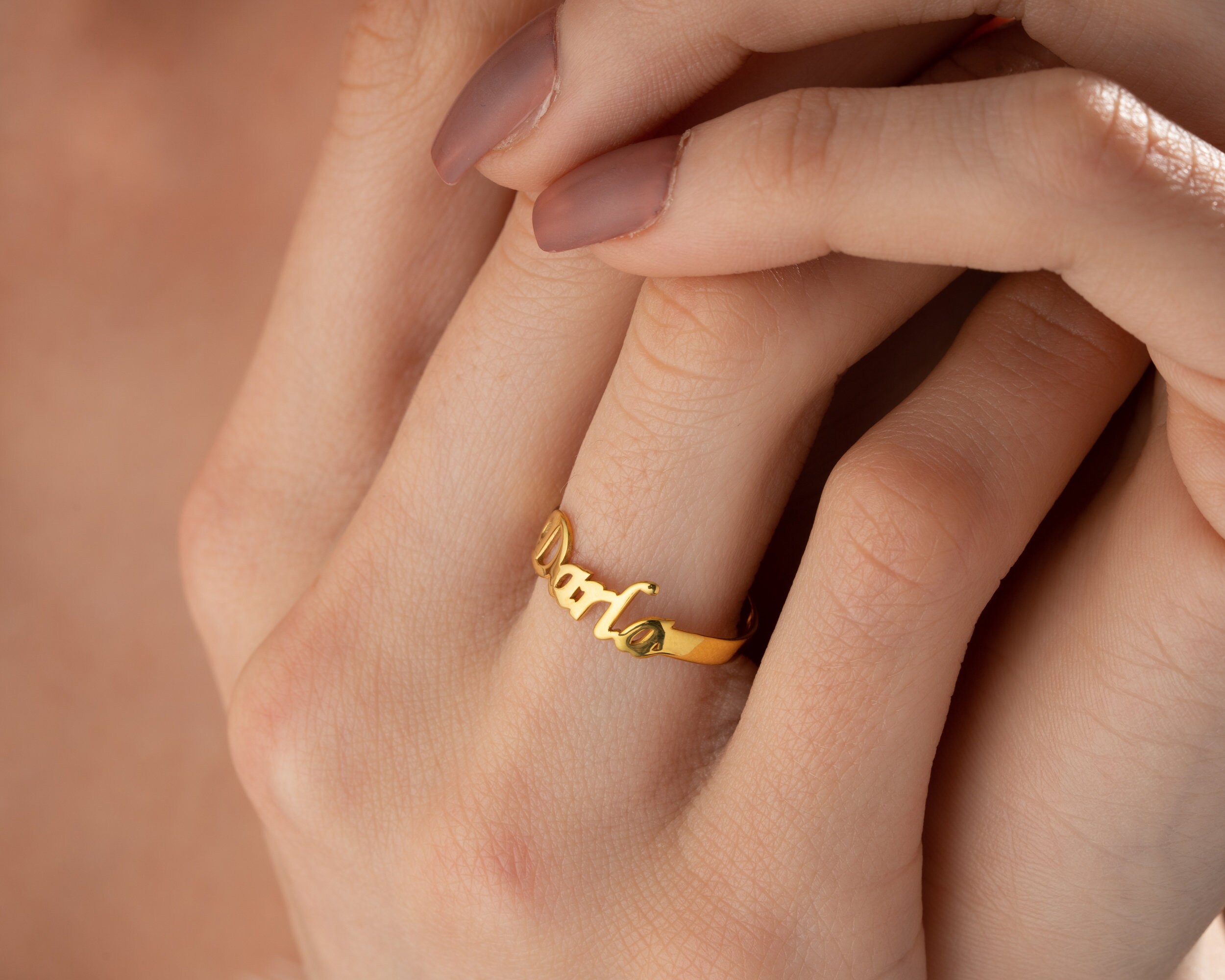 Glided Embrace Name Engraved Gold Couple Rings