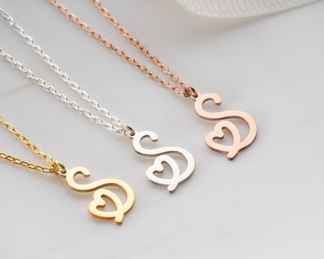 14K Solid Gold Letter Necklace,14k Gold Initial Necklace With Heart
