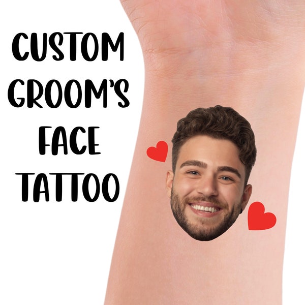 Custom Groom Tattoos, Bachelorette Party Favour Temporary Tattoos, Personalized Photo Tattoo Favour, Custom Groom Face Tattoo Red Heart