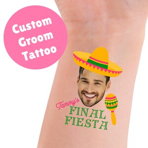 May include: A temporary tattoo featuring a man's face wearing a yellow sombrero with green and pink trim. The text "Tammy's Final Fiesta" is below the face with a maraca to the right.