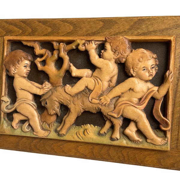 ANRI Reuge Swiss Musical Jewelry Box with Hand Carved Cherubs and Goat