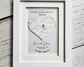 Personalised Engagement Map Frame, Where Our Forever Began, Custom Couple Engagement Gift, Anniversary Keepsake