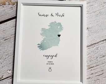 Personalised Engagement Print, Watercolour Map of Your Special Location, Custom Engagement Gift & Keepsake
