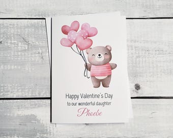 Custom Valentines Day Card for Daughter – Adorable Bear with Balloons – Personalised Name Keepsake Gift