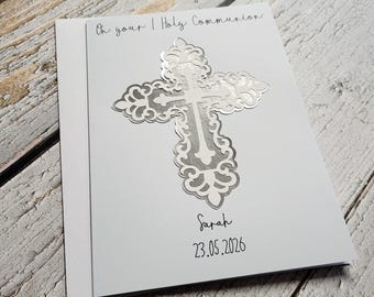 Personalised Communion Card with Silver Cross – Keepsake Card