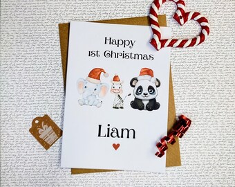 Personalised Baby’s First Christmas Card – Safari Animals – 1st Xmas Greeting Card