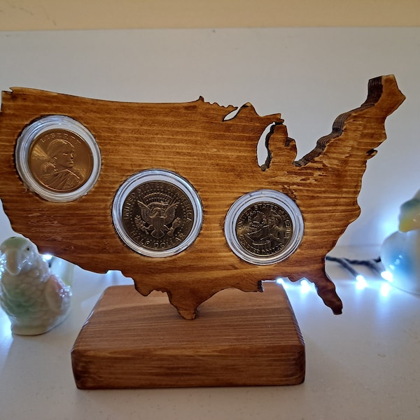 100% Handmade wooden USA coin holder (included 2000 Sacagawea dollar, 1974 HALF DOLLAR, 1776 - 1976 George Washington Bicentennial Quarter)