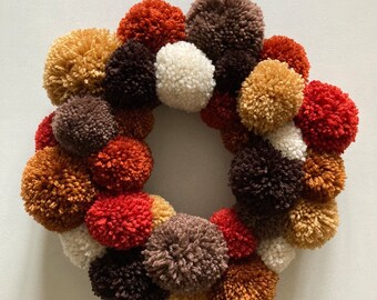 Handmade Autumn Wool Pom Pom Wreath.