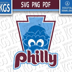 May include: A digital design featuring a blue and maroon logo with the word "Philly" in a stylized font. The logo includes a cartoonish character with large eyes and a blue and maroon color scheme. The text "SVG PNG PDF" is at the top.