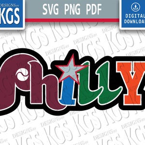 May include: A digital graphic design featuring the word Philly in a stylized font with a thick black outline. The letters are colored in maroon, blue, green, and orange. A grey star with a red outline sits above the letter i, replacing the dot.