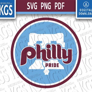 Pode incluir: Um design digital com um emblema circular. Apresenta a palavra "Philly" em escrita castanha, sobre um fundo azul claro, com "PRIDE" por baixo. O design inclui o texto "SVG PNG PDF" e "DIGITAL DOWNLOAD".