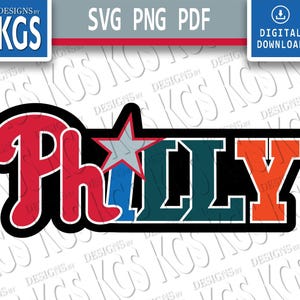 May include: A digital graphic design featuring the word PHILLY in a stylized font. The letter P is red, the H is blue, the I is replaced by a grey star with a red outline, the Ls are dark teal, and the Y is orange. All letters have a thick black outline.