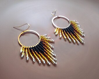 Shining Hoop seed bead Earrings, hoop earrings,  Ombre black gold fringe beaded hoop earrings, gradient earring, Gift for her