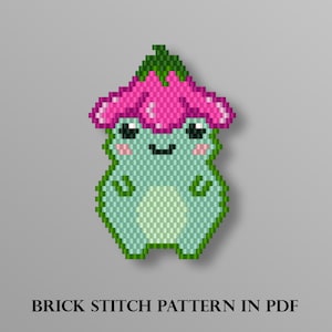May include: A pixelated, cartoon-style character with a flower-shaped head. The character is primarily light blue-green with a pink flower and green accents. The text "BRICK STITCH PATTERN IN PDF" is at the bottom.