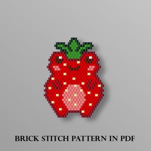 May include: A red and green beaded strawberry frog design. The frog has white dots and a pink belly. The image includes the text "BRICK STITCH PATTERN IN PDF" and a website address.
