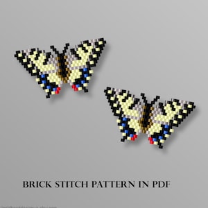 Puede incluir: Dos diseños de mariposas de cuentas con detalles amarillos, negros, azules, rojos y grises. Las mariposas están hechas con un patrón de puntada de ladrillo. El texto "BRICK STITCH PATTERN IN PDF" está en la parte inferior.