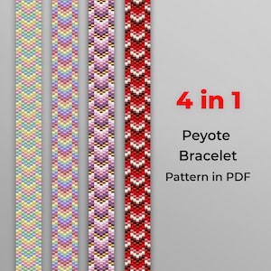 May include: Four peyote stitch bracelet patterns in PDF format. The bracelets are in rainbow, pink, purple, and red color schemes.