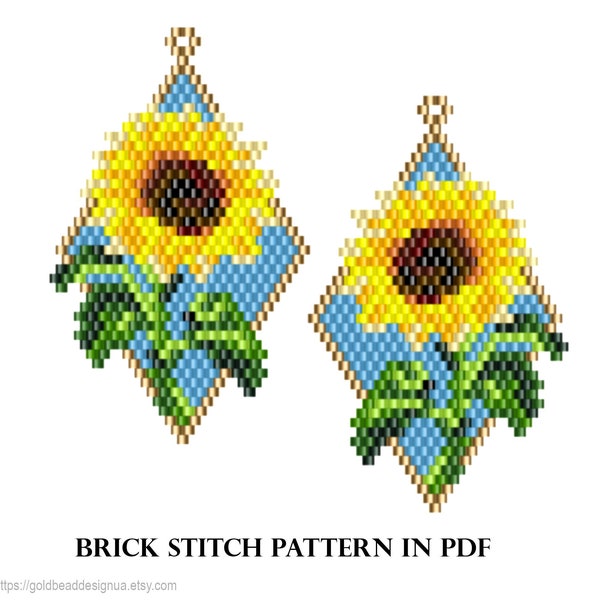 Tournesol - Boucles d'oreilles en forme de losange, Motif Brick Stitch pour les perles, Motif perles de rocaille, Boucle d'oreille tournesol, Motif perles tournesol