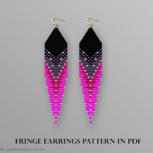 May include: A pair of long, beaded fringe earrings with a gradient of pink, purple and black colours. The earrings are made with seed beads and have a gold hook closure. FRINGE EARRINGS PATTERN IN PDF https://goldbeaddesignua.etsy.com