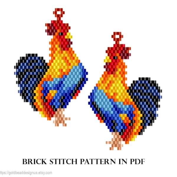 Rooster - beaded Earrings, Rooster Brick Stitch, Rhombus earring, Seed bead pattern, Rooster peyote, chicken Brick Stitch, chicken peyote