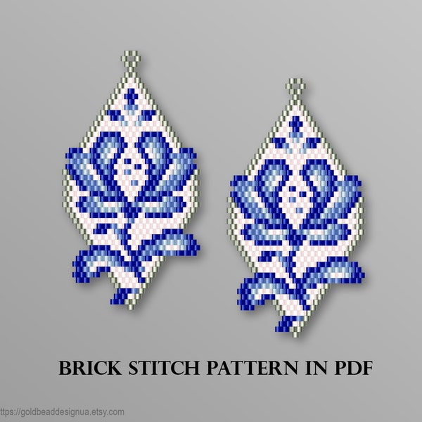 Porcelain blue flowers earrings - Brick Stitch earrings PDF pattern, seed beads flower pattern