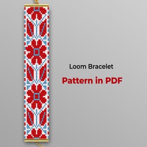 May include: A red, white, and blue loom bracelet with a floral pattern. The bracelet is made with beads and has a gold clasp. The image includes the text "Loom Bracelet Pattern in PDF".
