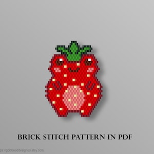 May include: A pixel art style beadwork pattern of a frog shaped like a strawberry. The frog is red with yellow seeds, a light pink belly, and a green leaf stem on its head. The text BRICK STITCH PATTERN IN PDF is printed below the graphic.