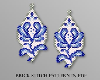 Boucles d'oreilles fleurs bleues en porcelaine - Modèle PDF de boucles d'oreilles Brick Stitch, motif fleurs en perles de rocaille