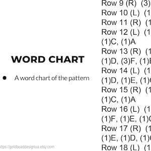 May include: A white page with the words "WORD CHART" in bold black letters. Below, it reads "A word chart of the pattern." To the right, there is a list of instructions labeled "Row" followed by numbers and letters. The Etsy shop URL is at the bottom.