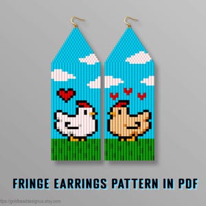 May include: Two beaded fringe earrings with a blue sky background, white clouds, and pixelated chickens. One chicken is white, the other is tan, both with red accents. The earrings have gold hooks and a green grass base.