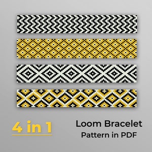 Può includere: Quattro diversi modelli di braccialetti a telaio in nero, bianco e giallo. I modelli sono mostrati in una riga, con il testo "4 in 1 Loom Bracelet Pattern in PDF" sotto.