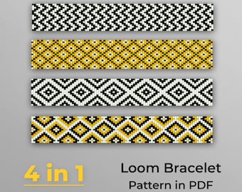 4 in 1 Loom bracelet - Black White Yellow PDF pattern. Bead Loom Patterns. Seed Bead Patterns. PDF instant download.