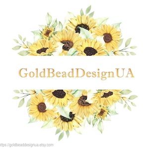 May include: A floral design featuring watercolour sunflowers in shades of yellow and brown, with green leaves. The text "GoldBeadDesignUA" is in gold lettering, with the website address below.