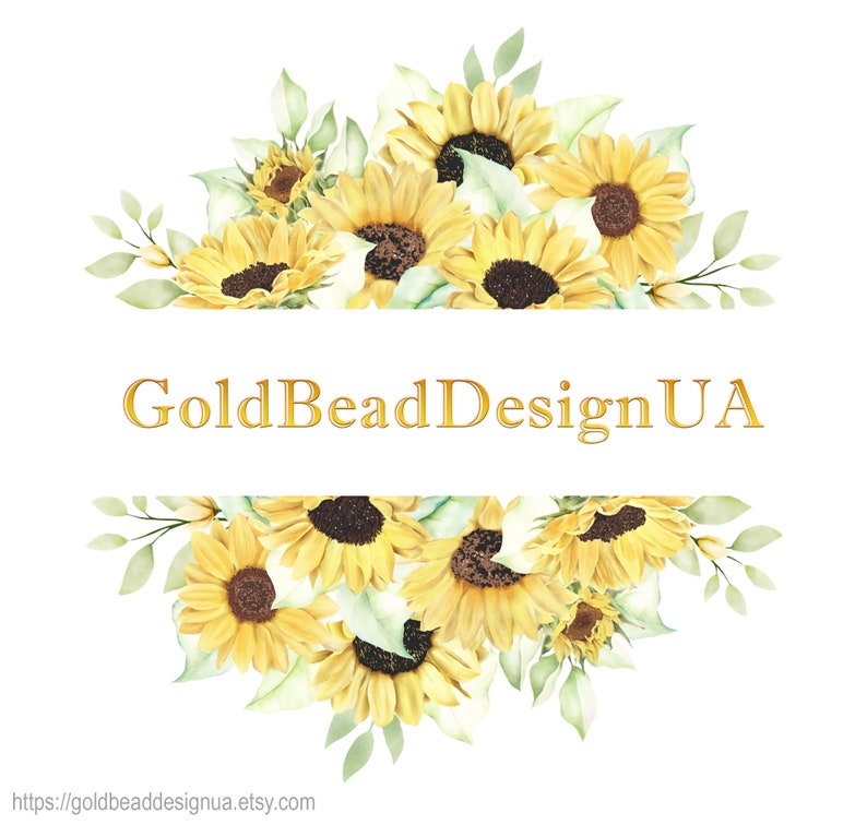 May include: A floral design featuring watercolour sunflowers in shades of yellow and brown, with green leaves. The text "GoldBeadDesignUA" is in gold lettering, with the website address below.