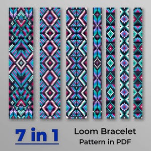 Könnte beinhalten: Sieben Loom-Armbandmuster im PDF-Format. Die Designs zeigen geometrische Muster in Türkis, Rosa, Weiß und Schwarz. Der Text "7 in 1" und "Loom-Armbandmuster im PDF" ist in Blau und Schwarz dargestellt.