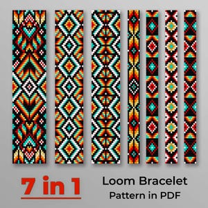 Könnte beinhalten: Sieben Loom-Armbandmuster im PDF-Format. Die Designs zeigen geometrische Muster in Schwarz, Weiß, Rot, Orange und Türkis. Der Text "7 in 1" und "Loom Bracelet Pattern in PDF" ist im Bild zu sehen.