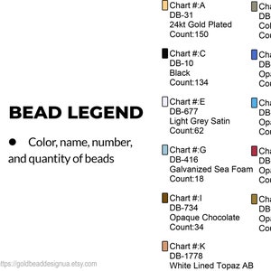 May include: A bead legend chart detailing bead colours, names, numbers, and quantities. The chart includes colours like 24kt Gold Plated, Black, Light Grey Satin, Galvanized Sea Foam, Opaque Chocolate, and White Lined Topaz AB.