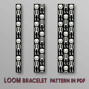 May include: Three black and white loom bracelet patterns featuring pixelated skeleton designs. The patterns vary in width, with the text "LOOM BRACELET PATTERN IN PDF" at the bottom.