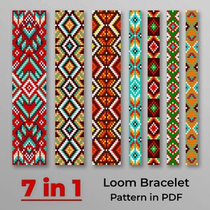 May include: Seven loom bracelet patterns in PDF format. The patterns feature colourful geometric designs in red, turquoise, orange, and green. The text "7 in 1" and "Loom Bracelet Pattern in PDF" are displayed in the image.