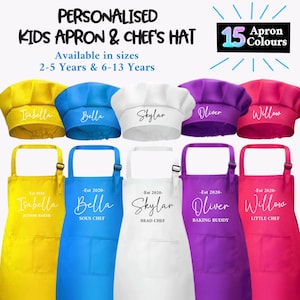 May include: Five personalised children's chef hats and aprons in a variety of colours. The hats are white, yellow, blue, purple, and pink. The aprons are yellow, blue, white, purple, and pink. Each hat and apron has a name and title printed on them. The text on the aprons reads 'Est 2020' and includes a name and title, such as 'Junior Baker', 'Sous Chef', 'Head Chef', 'Baking Buddy', and 'Little Chef'.