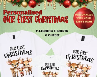 Personalised Our First Christmas Matching Tshirts & Onesies | 1st Christmas | Baby's First Christmas | Christmas Keepsake | Reindeers