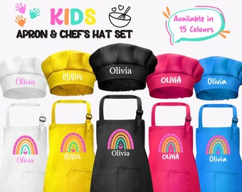 Kids Personalised Apron and Chef Hat | Rainbow | Junior Chef | Painting Arts and Crafts | Kids Cooking | Birthday Parties | Christmas Gift